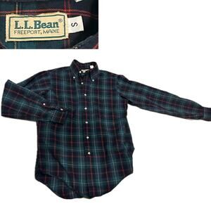 Vintage LLbean Teal Blue and Red Plaid Button Down Collar Shirt / Mens Small